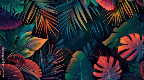 Bright tropical background with jungle plants. Vector exotic pattern with palm leaves.