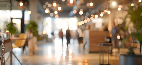 Modern open space office interior or call centre with blurred business people. Modern Business office with blurred people, with blurred bokeh background. 