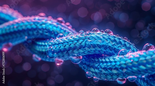 macro image of blue braided rope in water droplets in neon light