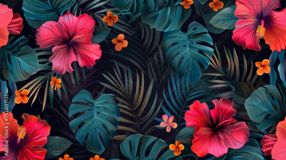 Seamless hand drawn tropical vector pattern with bright hibiscus flowers and exotic palm leaves on dark background. 