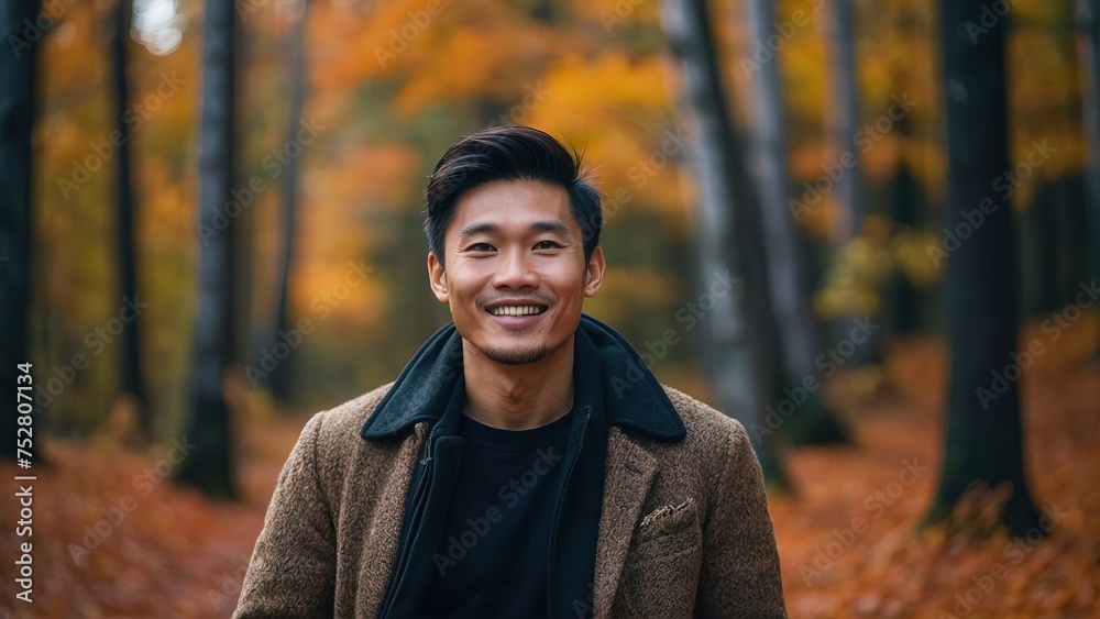 Asian man walking in the autumn forest, smiling and fashionable Asian man walking in the autumn forest, smiling and fashionable
