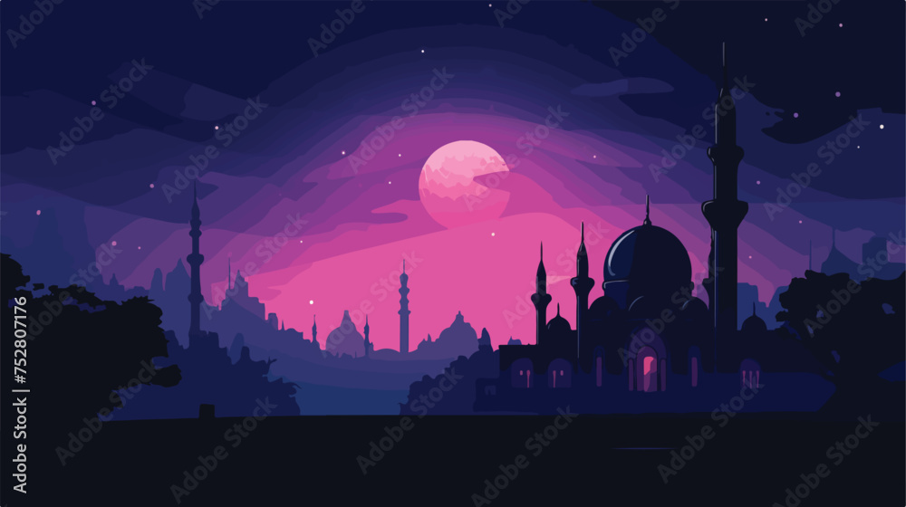 silhouette of mosque tower in night flat vector