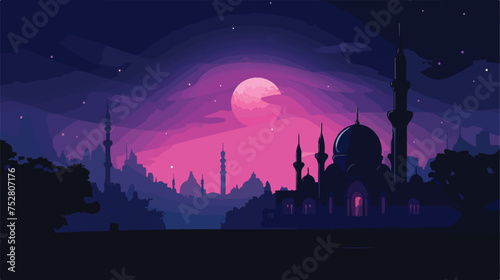 silhouette of mosque tower in night flat vector