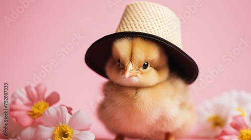Cute little chicken in a straw hat with owers on a p