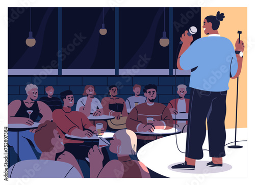 Comedian monologue at comedy show, stand up club. Comic humor speaker at microphone on stage. Open mic, standup concert. Black man performance in front of public, audience. Flat vector illustration