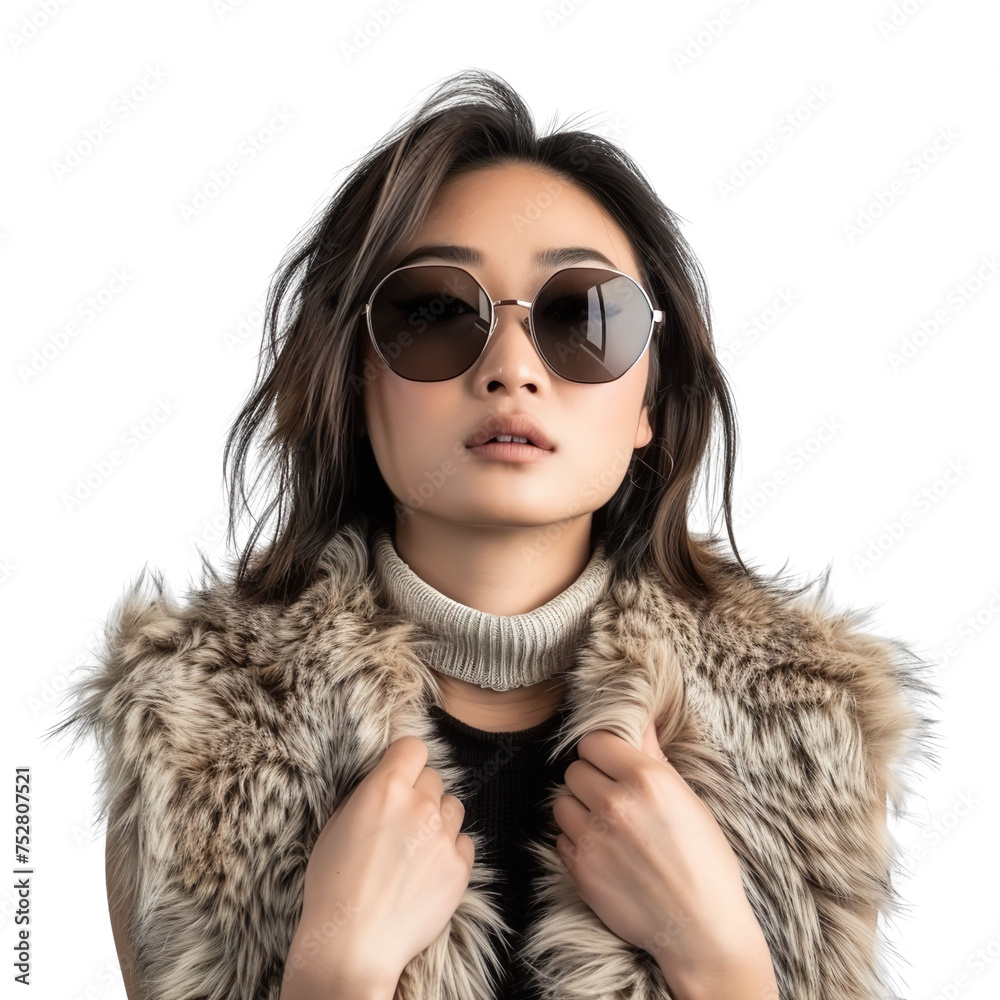 Front view mid body shot of an elegant female Asian model wearing a fur vest with sunglasses on a white transparent background