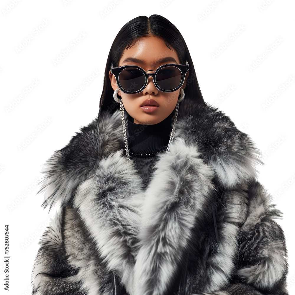 Front view mid body shot of an elegant female Asian model wearing a silver fox fur coat with sunglasses on a white transparent background Front view mid body shot of an elegant female Asian model wearing a silver fox fur coat with sunglasses on a white transparent background