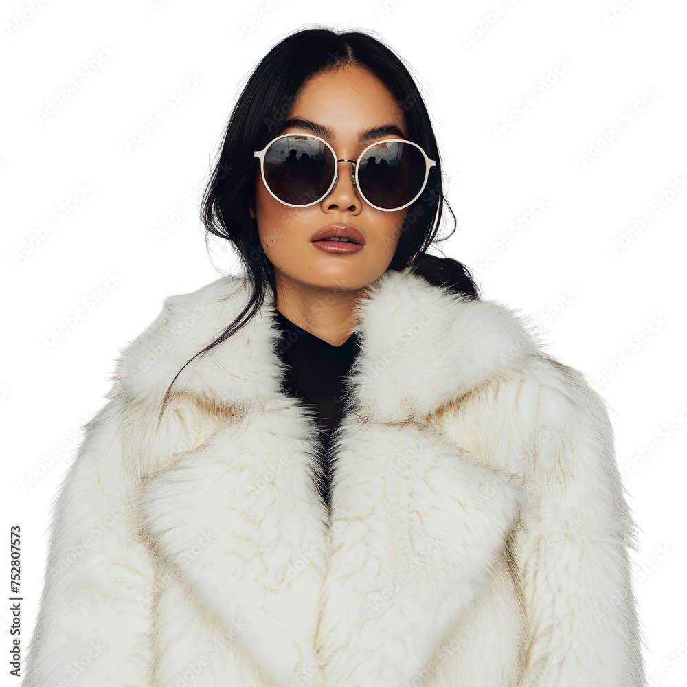 Front view mid body shot of an elegant female Asian model wearing a white fur coat with sunglasses on a white transparent background Front view mid body shot of an elegant female Asian model wearing a white fur coat with sunglasses on a white transparent background