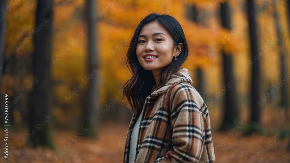 Asian woman walking in the autumn forest, smiling and fashionable Asian woman walking in the autumn forest, smiling and fashionable
