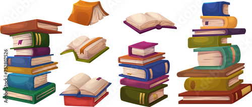 Book stack and single, closed and open in cartoon vector illustration set. Tall and small pile of literature with paper pages, colorful hardcover and bookmarks for education and reading concept.