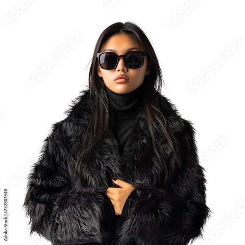 Front view mid body shot of an elegant female Asian model wearing a black fur coat with sunglasses on a white transparent background © SuperPixel Inc