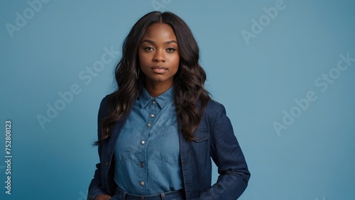 Black woman in blue clothing stands against a solid blue background
