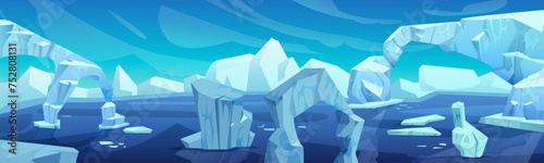 Arctic landscape with iceberg in ocean or sea. Cartoon vector illustration of blue polar scenery with glacier snow mountain and ice blocks floating in water. Cold northern horizon with floe. © klyaksun