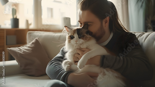 a full shot, a dad, a daughter, a ragdoll calico cat. Dad is sitting on the sofa in a modern livingroom with a wooden floor, dad is wearing a black shirt under the grey jacket holding a daughter and a photo