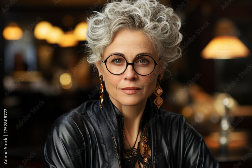 Portrait of a beautiful luxurious fashionable adult woman with stylish hairstyle wearing glasses Portrait of a beautiful luxurious fashionable adult woman with stylish hairstyle wearing glasses