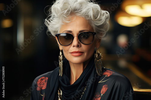 Portrait of a beautiful luxurious fashionable adult woman with stylish hairstyle wearing sunglasses and earrings