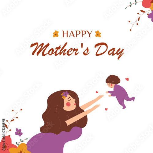 Mother's Day card. Mother with daughter, flowers, hearts. Motherhood, postpartum happiness, parents, children. EPS 10 vector template for poster, cover, banner, card.