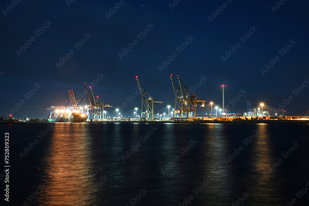 The old port of Hamburg on the Elbe at night