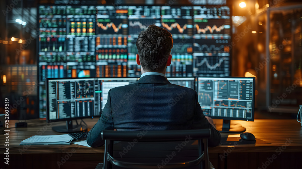 Back view of a financial analyst day trader working on computer with many screens that shows real-time stock data. Neural network generated image. Not based on any actual scene or pattern. Back view of a financial analyst day trader working on computer with many screens that shows real-time stock data. Neural network generated image. Not based on any actual scene or pattern.