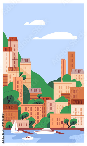 City buildings at sea resort, poster. Urban architecture, waterfront hotels, seaside houses at water coast, shore, ship, boats and yachts. Summer marine cityscape, card. Flat vector illustration