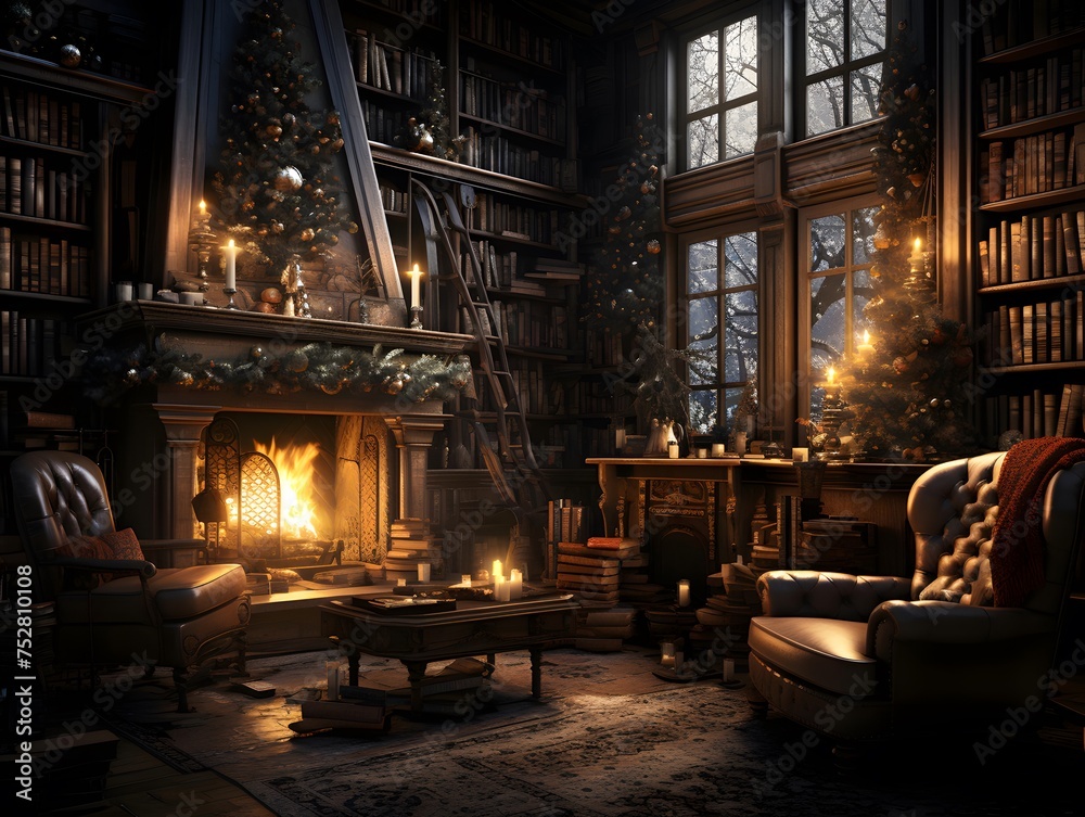 3D render of a dark room with a fireplace and a Christmas tree