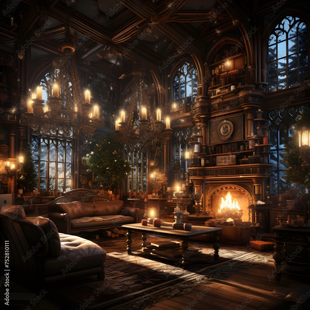 Interior of the interior of a medieval castle. 3D rendering