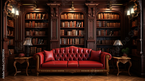 Interior of an old library with bookshelf and red sofa © Johnu