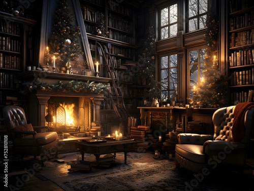3D render of a dark room with a fireplace and a Christmas tree