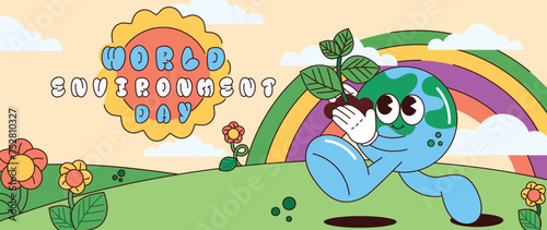 World Environment day concept background vector. Save the earth, globe, plant, tree, flower groovy style. Eco friendly illustration design for web, banner, campaign, social media post.