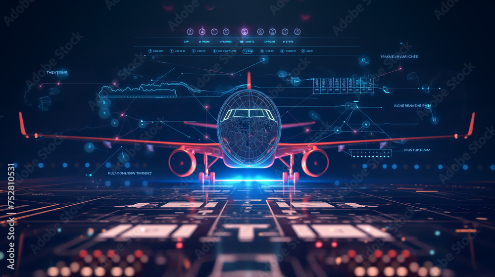 Airplane in holographic for travel and transportation concept on the plot plan drawings line graphic, design for abstract wallpaper and background	 - obrazy, fototapety, plakaty 