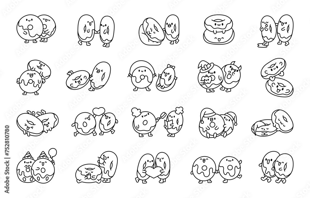 Cute couples donuts friendship. Coloring Page. Doughnuts hugging, sitting together cartoon characters. Hand drawn style. Vector drawing. Collection of design elements. Cute couples donuts friendship. Coloring Page. Doughnuts hugging, sitting together cartoon characters. Hand drawn style. Vector drawing. Collection of design elements.