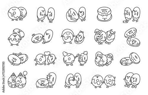 Cute couples donuts friendship. Coloring Page. Doughnuts hugging  sitting together cartoon characters. Hand drawn style. Vector drawing. Collection of design elements.