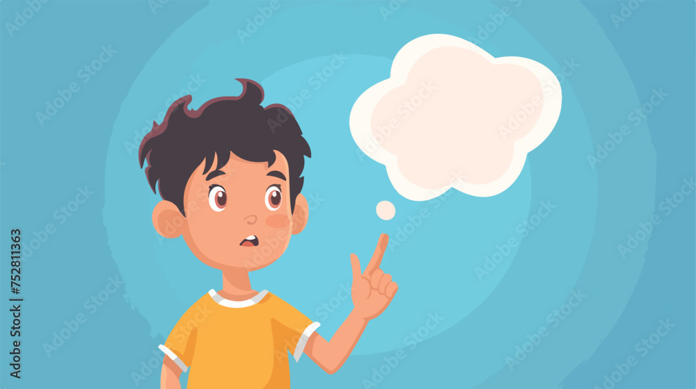 cartoon worried school boy raising hand with thought
