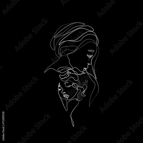 Mom and daughter, mother day, continuous line drawing, print for clothes and logo design, small tattoo, isolated vector illustration on black. (ID: 752811538)