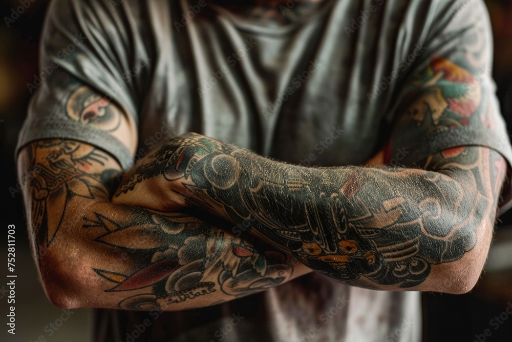 A man's arms, heavily inked with detailed, artistic tattoos, displaying a story in each vivid pattern and design