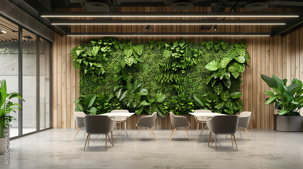 Modern eco office interior with a wall of green plants