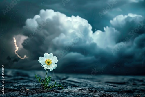 A dramatic storm cloud background with a single resilient flower in the foreground