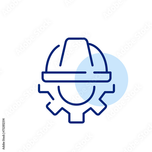 Digital engineering. Virtual environment constructions. Hard hat and cogwheel. Pixel perfect, editable stroke icon