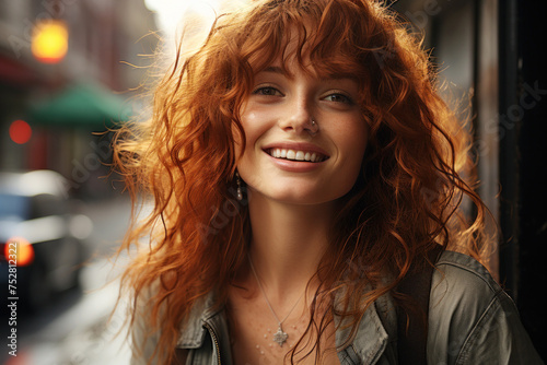 Portrait of a charming stylish cheerful carefree satisfied redhead young girl with long curly ginger hair outdoor © okhaly