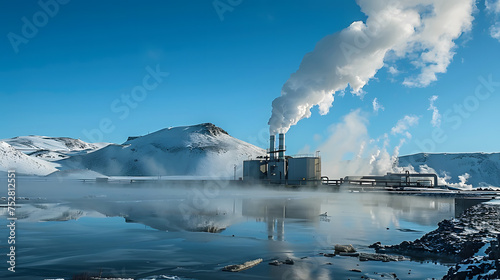 Geothermal power plant with snowy mountains in the background