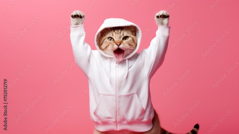 Fashion-forward cat in sunglasses and hoodie strikes a playful pose on a pink background, with ample space for your text