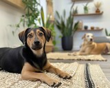 Two Dogs Relaxing in a Cozy Home Environment, A black and tan dog in the foreground with a relaxed tan dog in the background, both enjoying a cozy, plant-filled home setting. Comprehensive pet wellnes