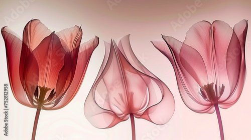 Three tulips made of transparent material on a pink background photo