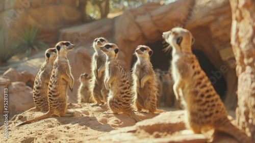 Alert meerkats stand guard in a warm desert habitat, embodying community vigilance. © VK Studio