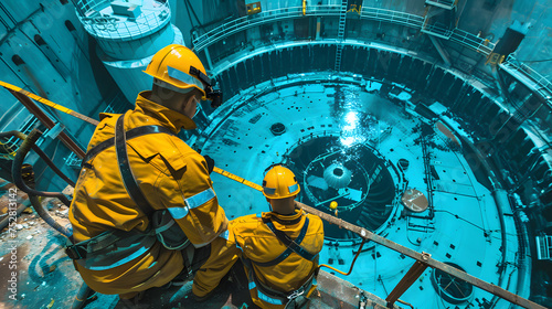 Engineers and technicians conducting maintenance and inspections inside a nuclear reactor containment vessel photo