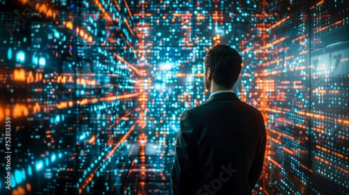 A modern businessman stands analyzing complex data visualizations on a futuristic digital wall