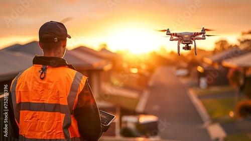 An operator in high-visibility gear flies a drone during a beautiful golden hour, depicting technology and surveillance