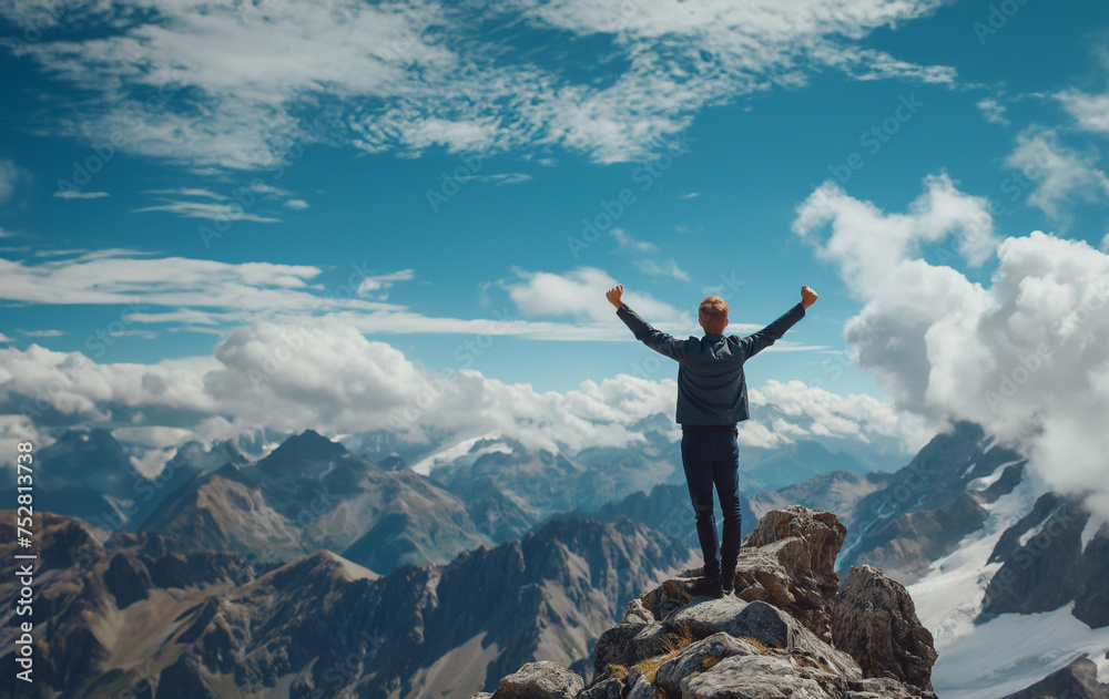 Man standing on top of a mountain with raised arms and enjoying the view generative ai art Man standing on top of a mountain with raised arms and enjoying the view generative ai art