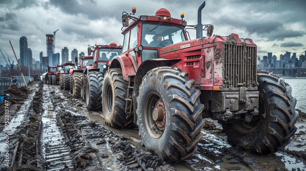 Red Farm Tractor Drag Racing Red farm tractors lined up on a muddy field with a city skyline in the ...