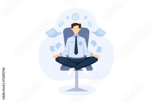 Young Man Meditating at Work Flat Design